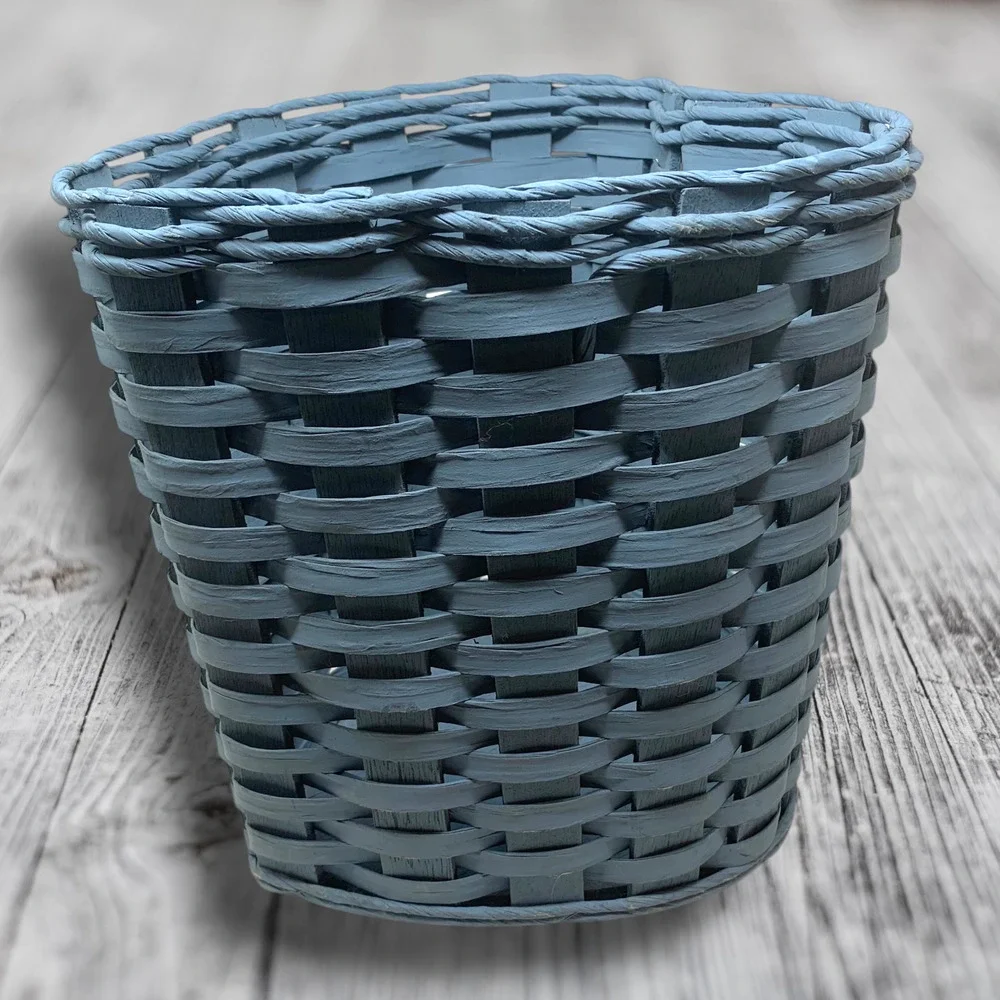 Vintage Heart Shaped Wicker Waste Basket Trash Bin Dusty Blue Cottage Farmhouse
